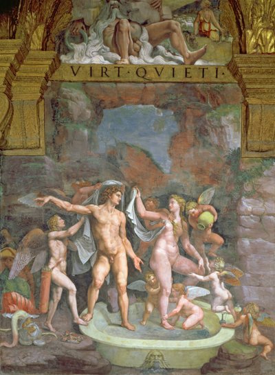 Mars en Venus badend, geholpen door Cupido en putti uit de Sala di Amore e Psiche, 1528 door Giulio Romano